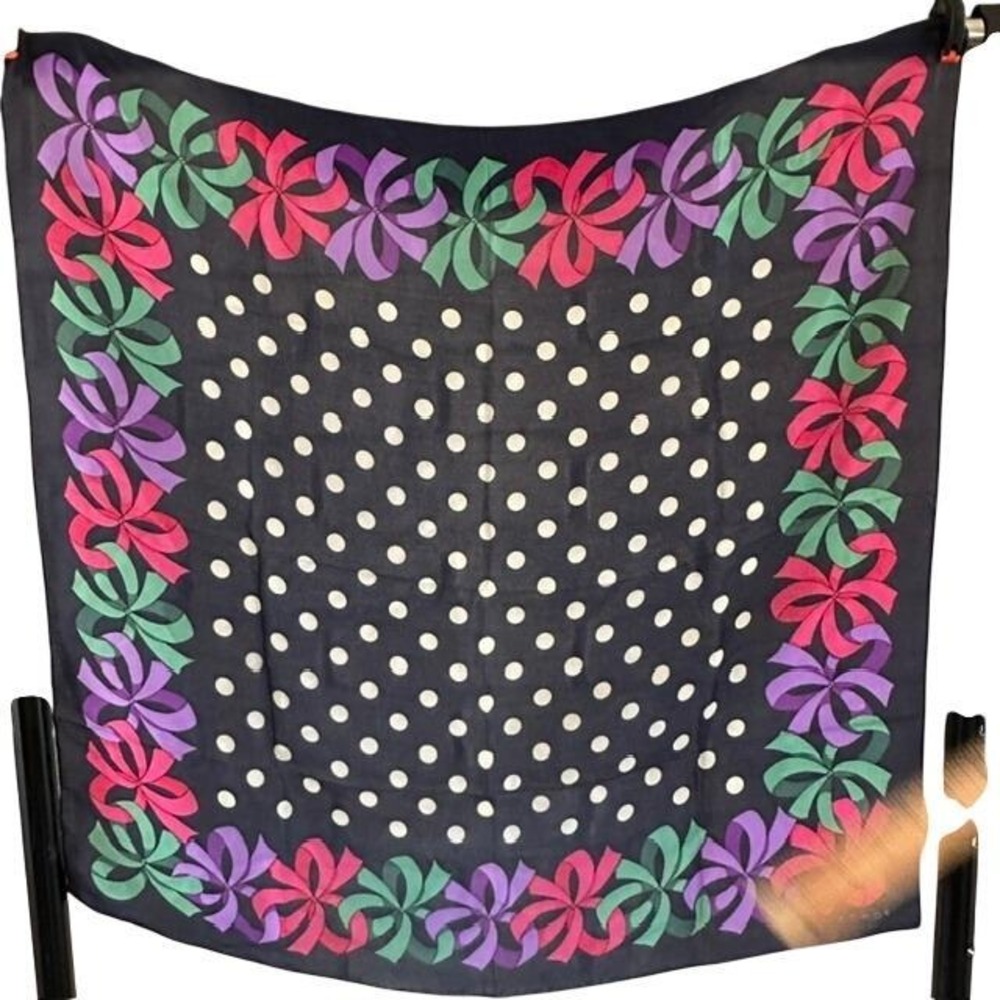 Vintage Echo Scarf Black Polka Dot Bow Floral Border Pink Purple Green 28 inch